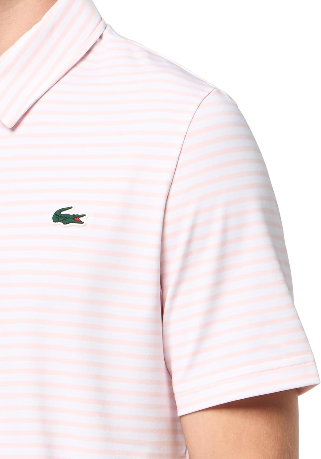image:imageLacoste Mens Regular Fit UV Protect Collar Logo Golf Polo ShirtFlamingoWhite Striped