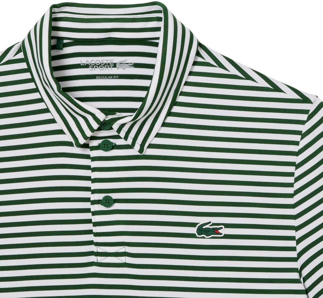 image:imageLacoste Mens Regular Fit UV Protect Collar Logo Golf Polo ShirtGreenWhite Striped