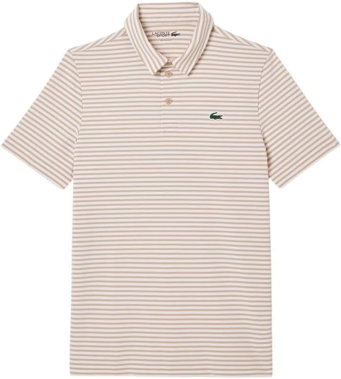 image:imageLacoste Mens Regular Fit UV Protect Collar Logo Golf Polo ShirtOchreWhite Striped