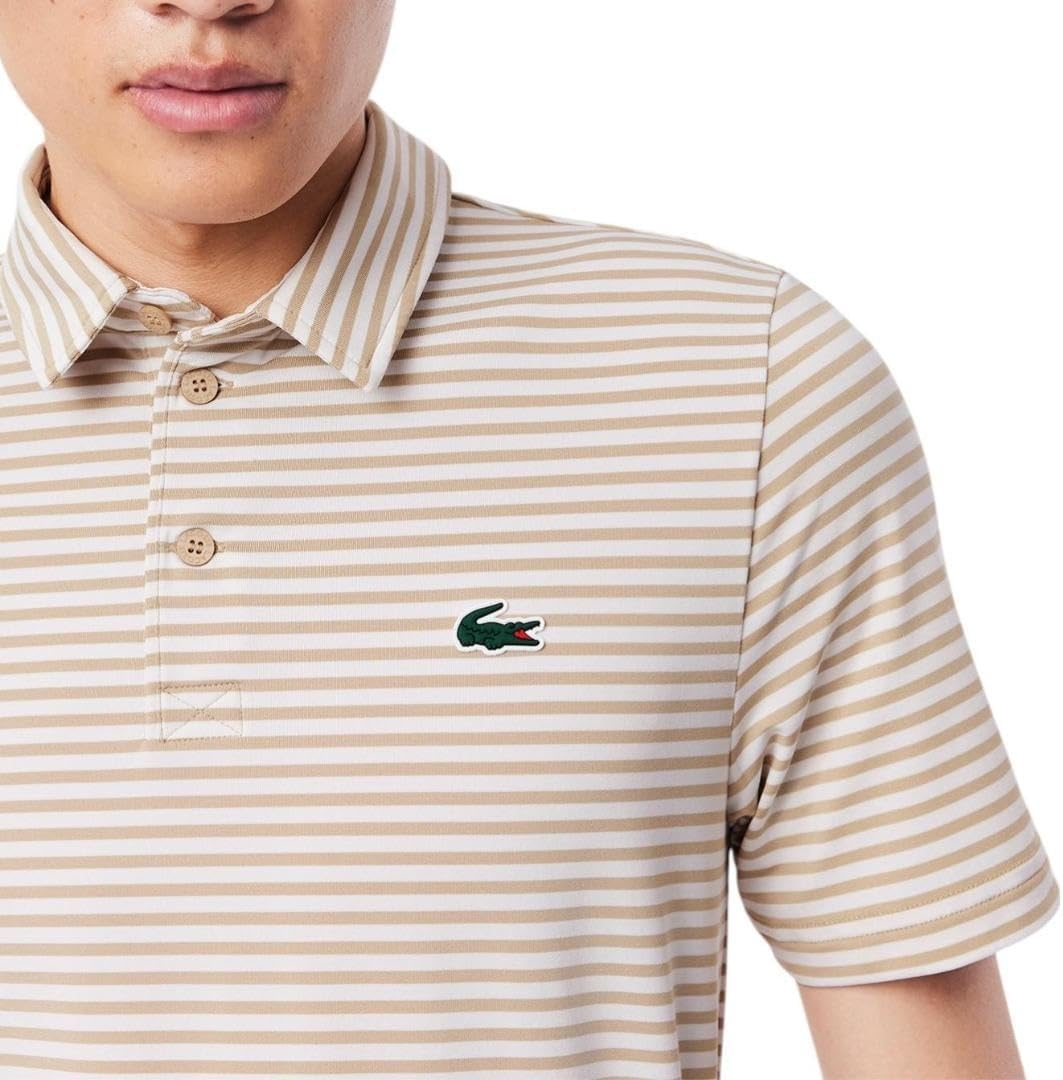 image:imageLacoste Mens Regular Fit UV Protect Collar Logo Golf Polo ShirtOchreWhite Striped