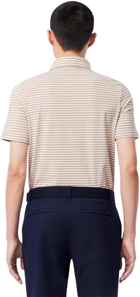image:imageLacoste Mens Regular Fit UV Protect Collar Logo Golf Polo ShirtOchreWhite Striped