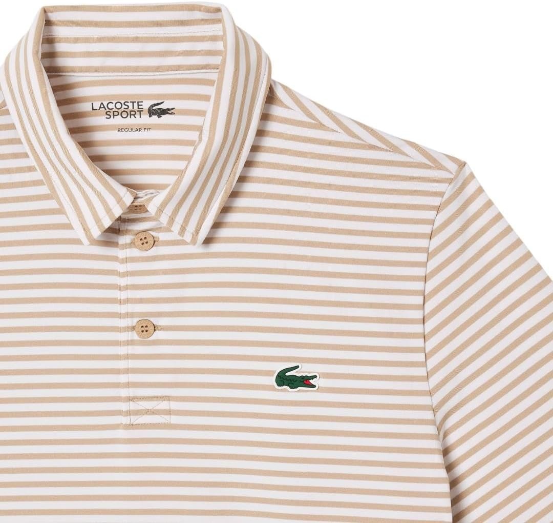 image:imageLacoste Mens Regular Fit UV Protect Collar Logo Golf Polo ShirtOchreWhite Striped