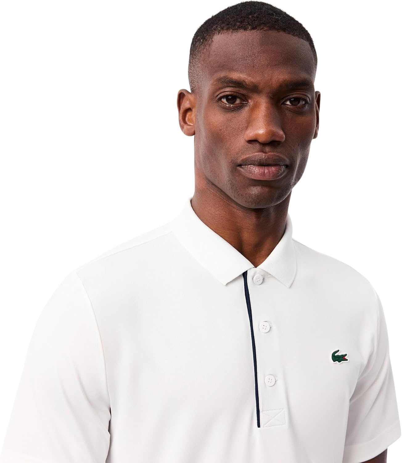 image:imageLacoste Mens Regular Fit UV Protect Collar Logo Golf Polo ShirtWhiteNavy Blue