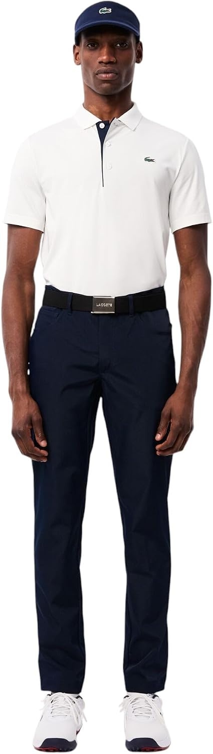 image:imageLacoste Mens Regular Fit UV Protect Collar Logo Golf Polo ShirtWhiteNavy Blue