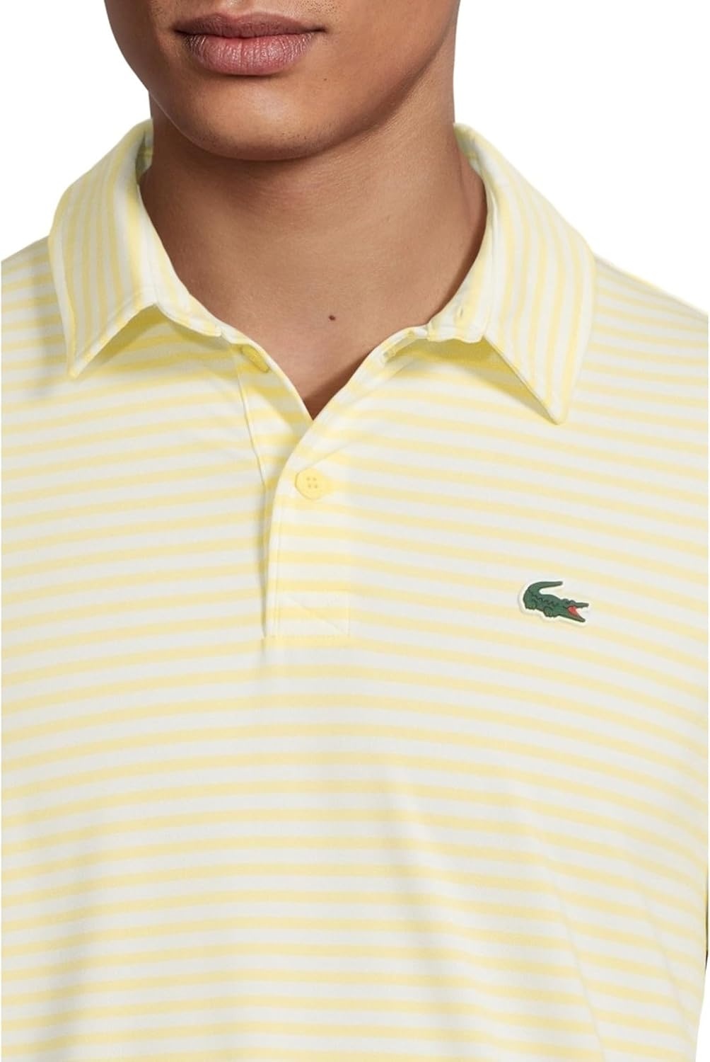 image:imageLacoste Mens Regular Fit UV Protect Collar Logo Golf Polo ShirtWhiteYellow Striped