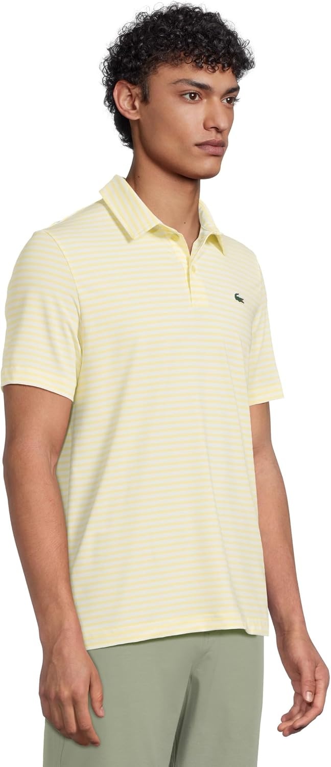 image:imageLacoste Mens Regular Fit UV Protect Collar Logo Golf Polo ShirtWhiteYellow Striped