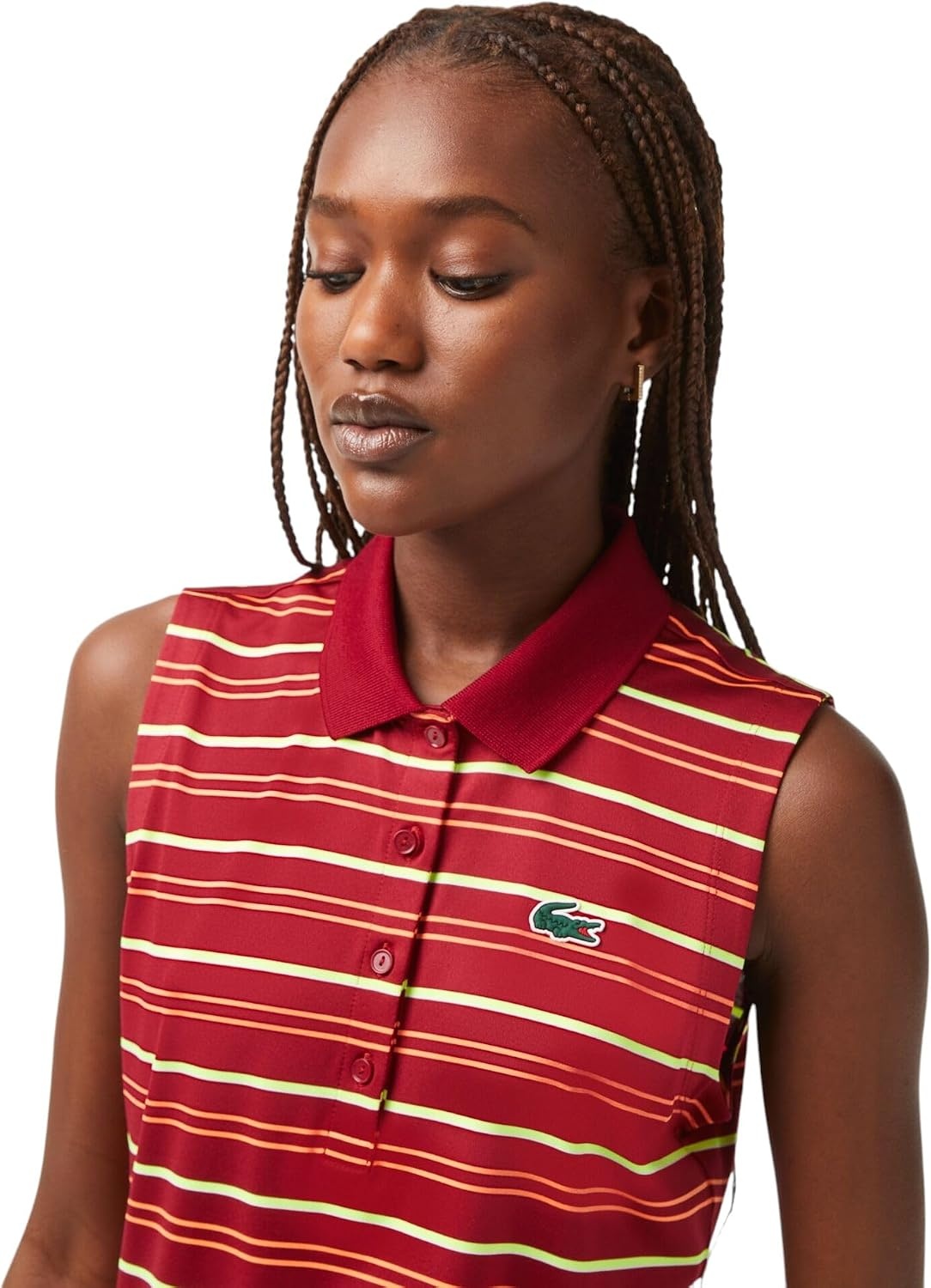 image:imageLacoste Womens Sport Golf Sleeveless Stripe Print SweaterBordeauxFlashy Orange