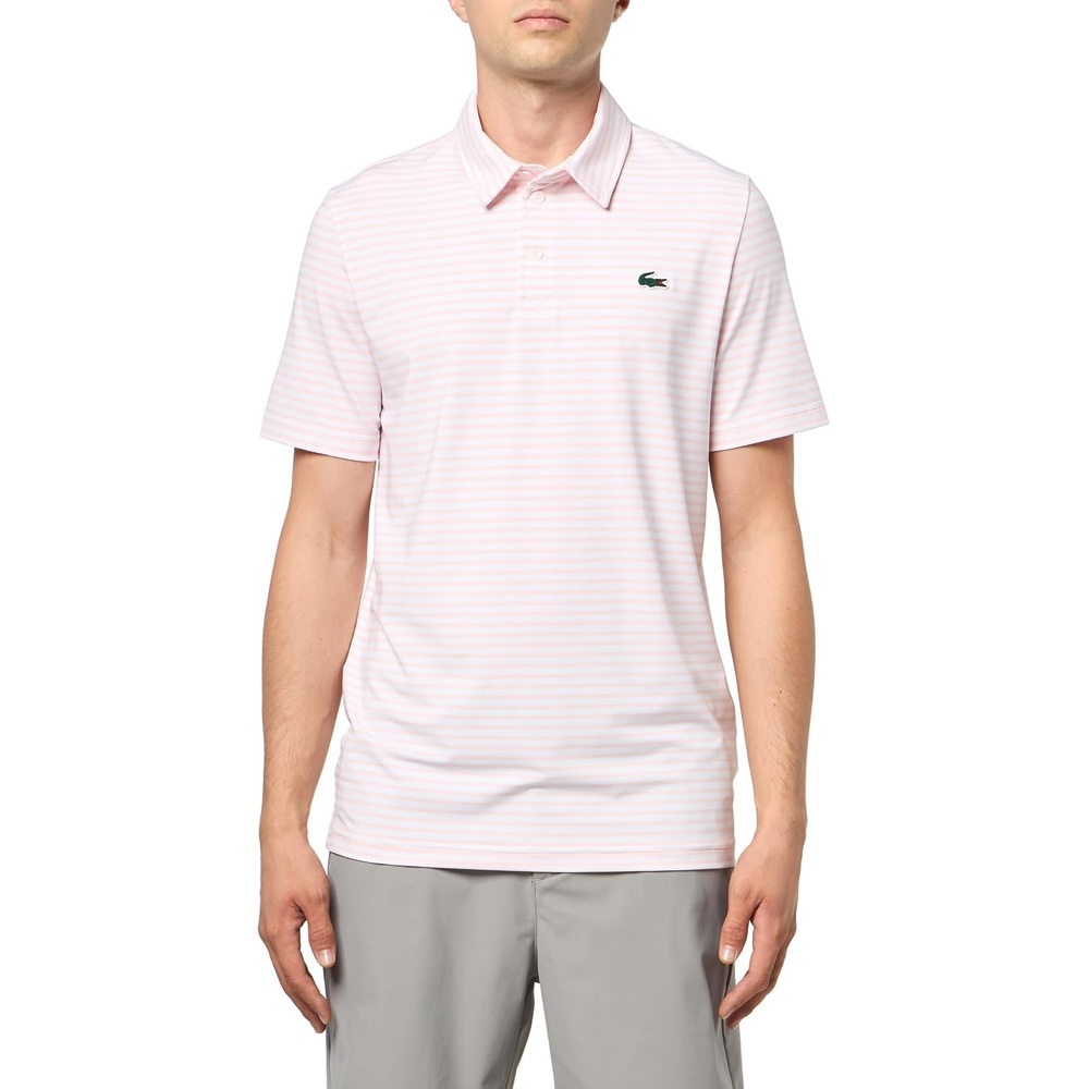 image:imageLacoste Mens Regular Fit UV Protect Collar Logo Golf Polo ShirtFlamingoWhite Striped