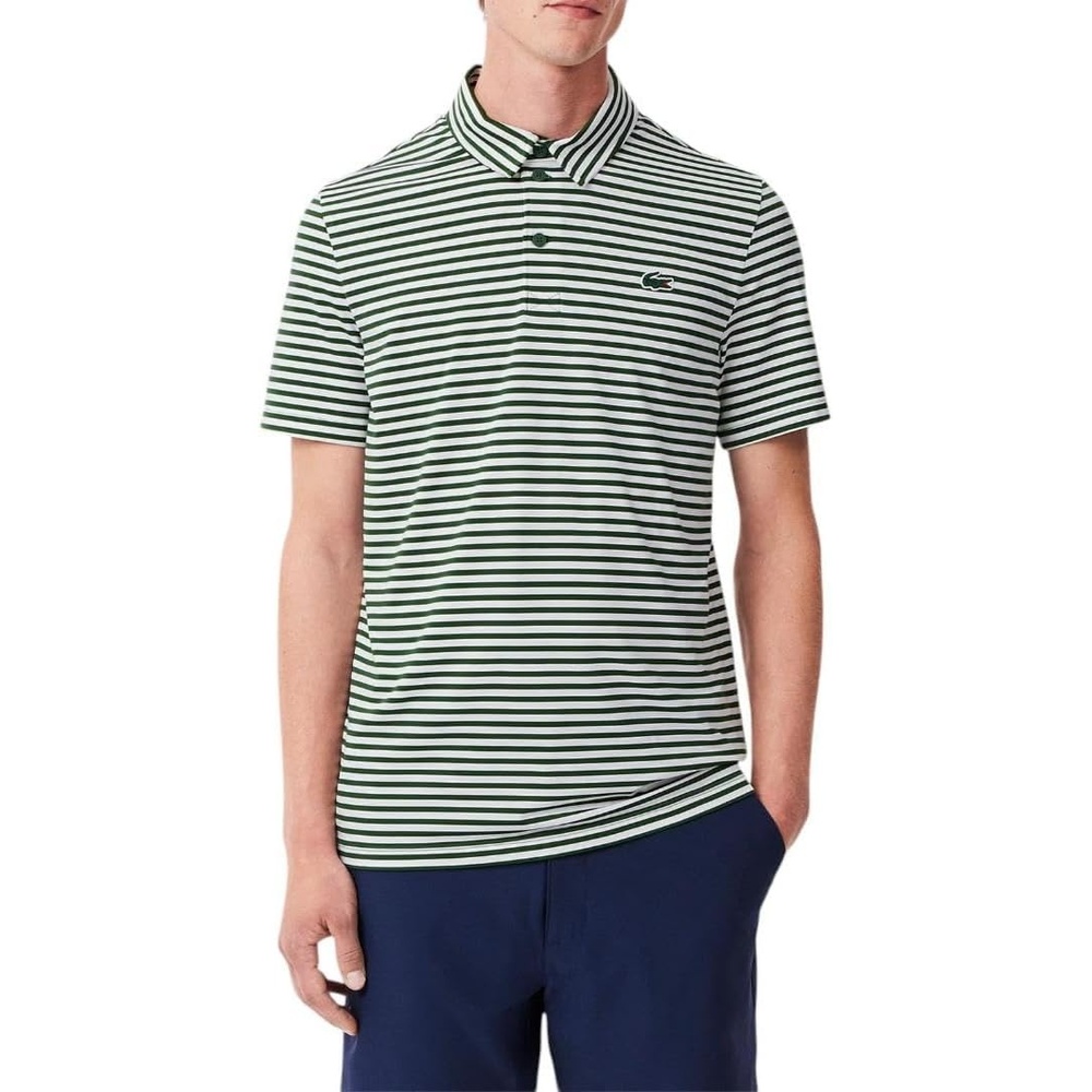 image:imageLacoste Mens Regular Fit UV Protect Collar Logo Golf Polo ShirtGreenWhite Striped