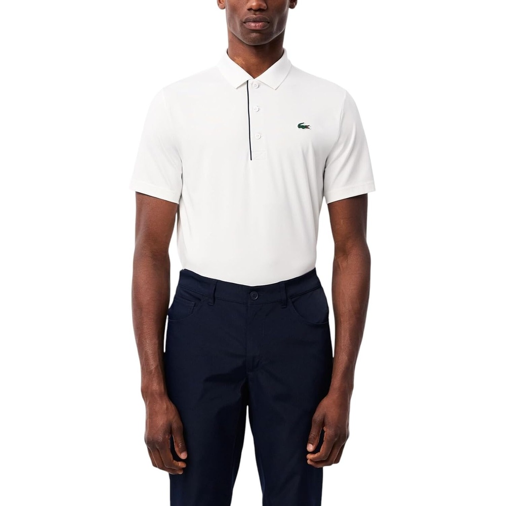 image:imageLacoste Mens Regular Fit UV Protect Collar Logo Golf Polo ShirtWhiteNavy Blue