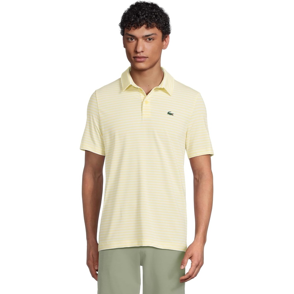 image:imageLacoste Mens Regular Fit UV Protect Collar Logo Golf Polo ShirtWhiteYellow Striped
