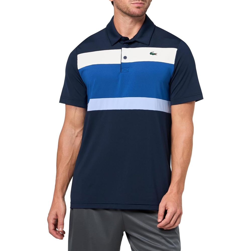 image:imageLacoste Mens Sport Regular Fit Color Block Golf Polo ShirtNavy BlueFrance BlueFlour