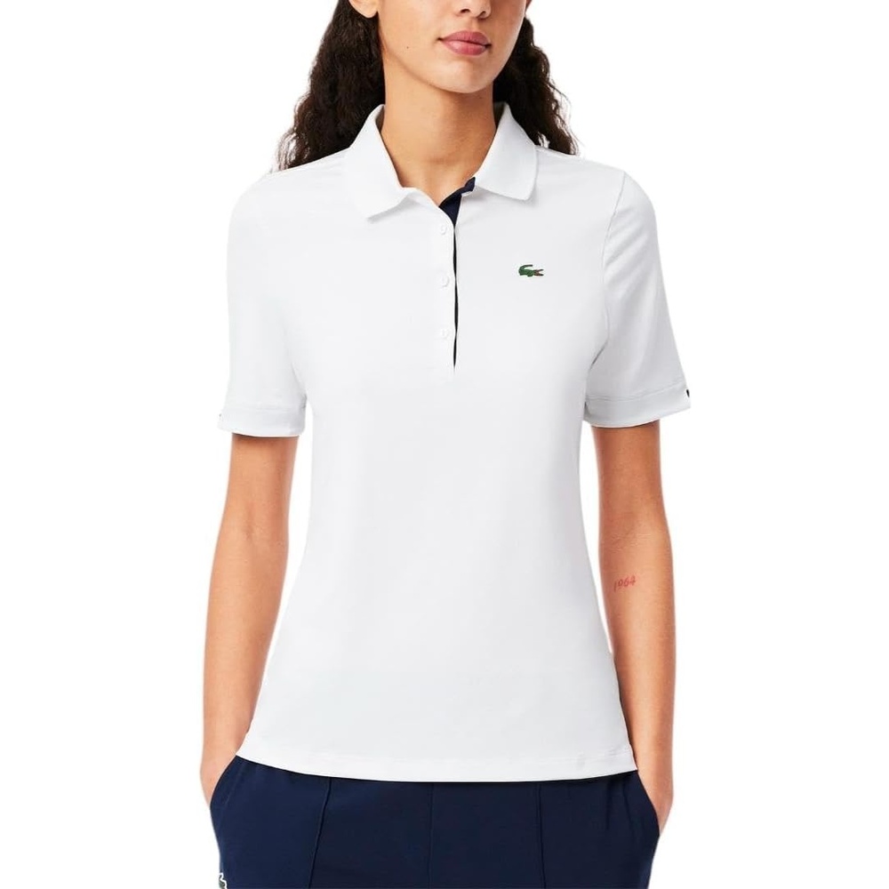 image:imageLacoste Womens Sport Slim Fit UV Protect Stretch Golf Polo ShirtWhiteNavy Blue