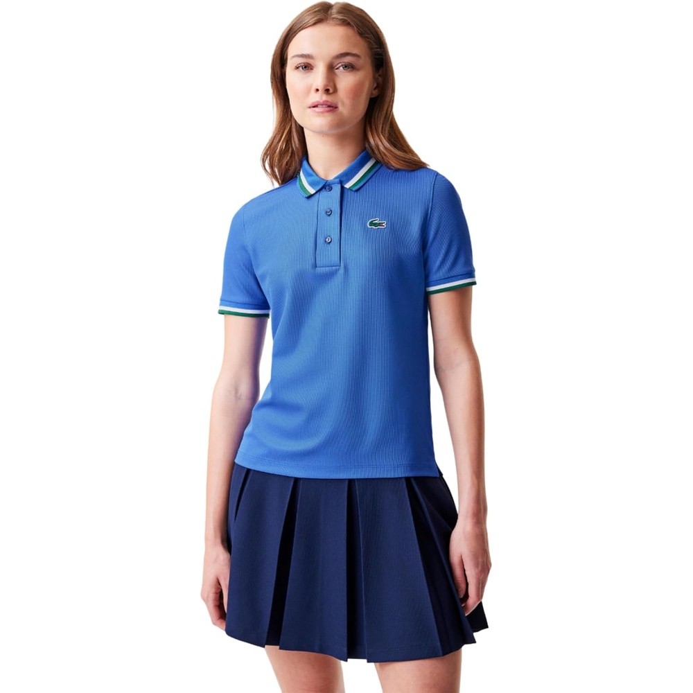 image:imageLacoste Womens Sport Uv Protect Stripe Collar Tennis Polo ShirtObscurity BlueWhiteGreen