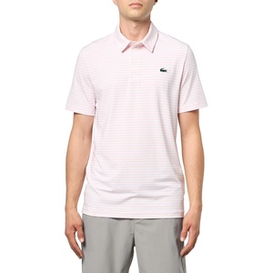 Lacoste Men’s Regular Fit UV Protect Collar Logo Golf Polo Shirt(Flamingo/White Striped)