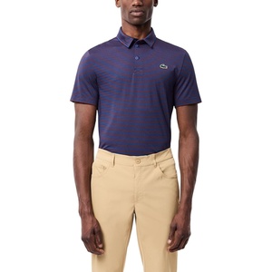 Lacoste Men’s Regular Fit UV Protect Collar Logo Golf Polo Shirt(Globe/Expresso Striped)
