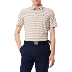 Lacoste Men’s Regular Fit UV Protect Collar Logo Golf Polo Shirt(Ochre/White Striped)