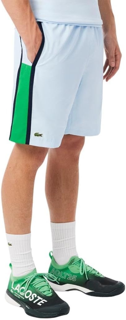 image:imageLacoste Mens Lightweight Colorblock Stripe Tennis ShortsBaby BlueBright GreenNavy Blue