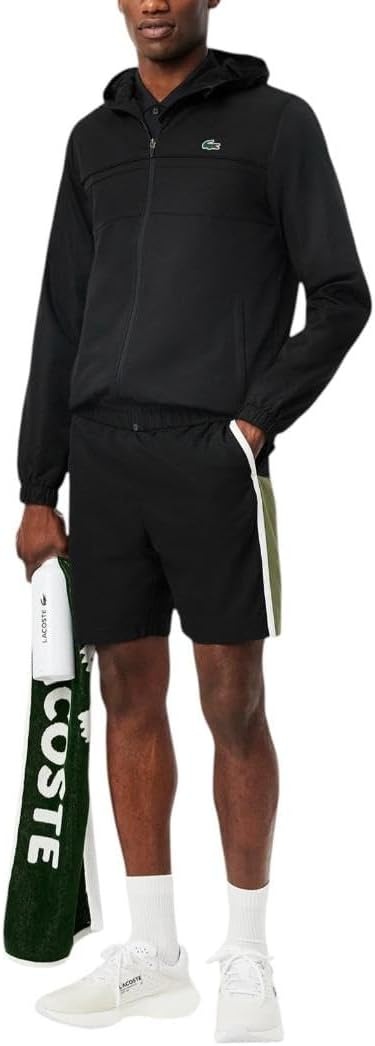 image:imageLacoste Mens Lightweight Colorblock Stripe Tennis ShortsBlackKhakiWhite
