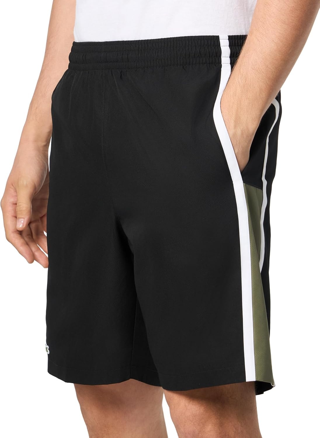 image:imageLacoste Mens Lightweight Colorblock Stripe Tennis ShortsBlackKhakiWhite