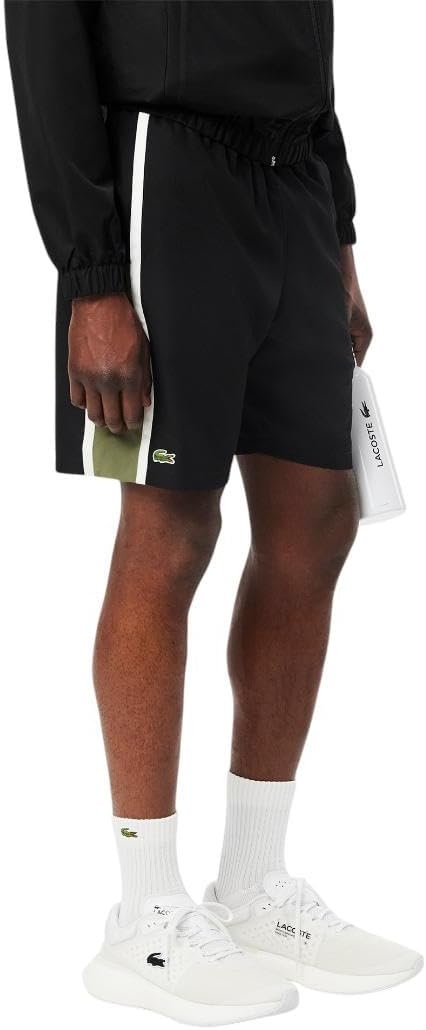 image:imageLacoste Mens Lightweight Colorblock Stripe Tennis ShortsBlackKhakiWhite