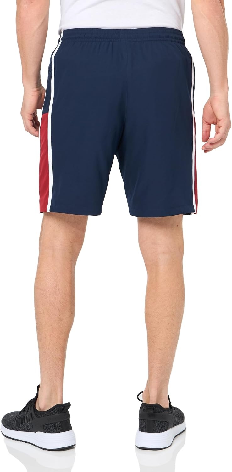image:imageLacoste Mens Lightweight Colorblock Stripe Tennis ShortsNavy BlueOraWhite