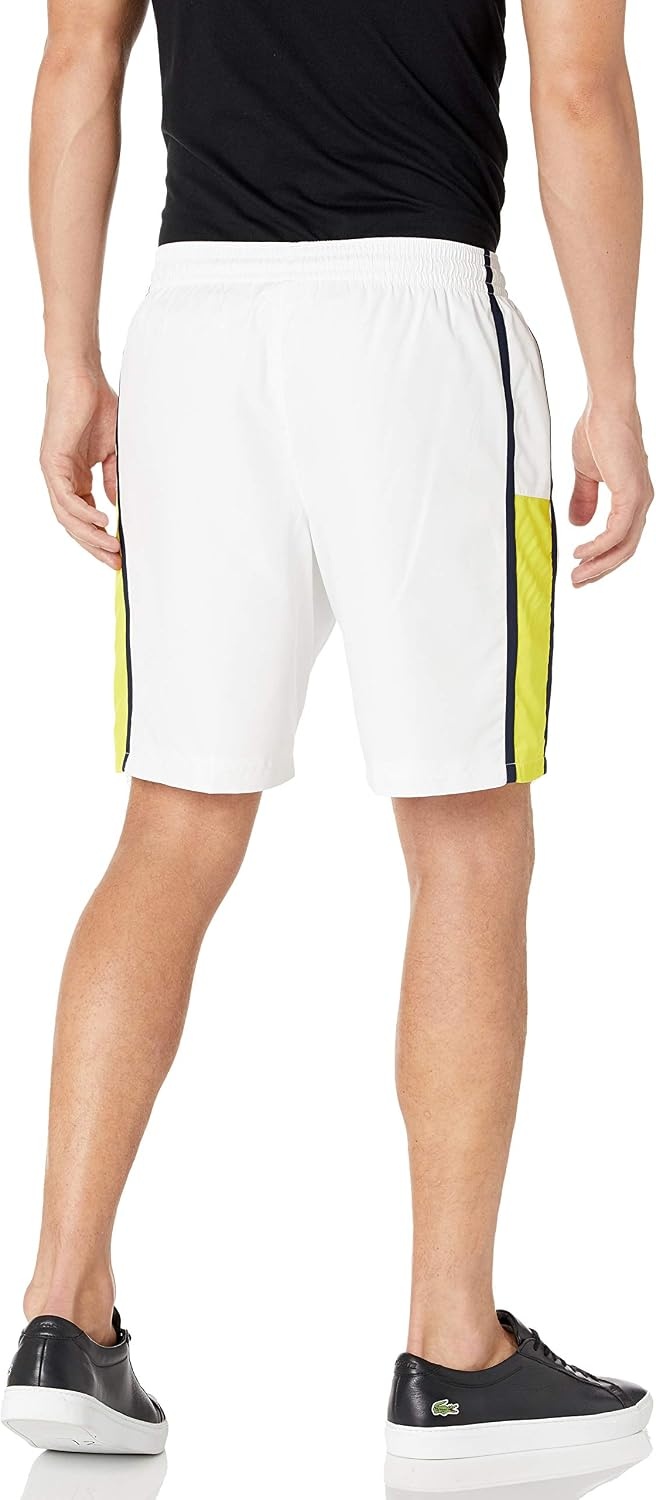 image:imageLacoste Mens Lightweight Colorblock Stripe Tennis ShortsWhitePineappleNavy Blue