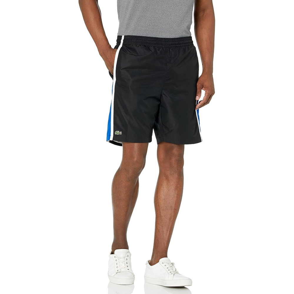 image:imageLacoste Mens Lightweight Colorblock Stripe Tennis ShortsBlackLazuli BlueWhite