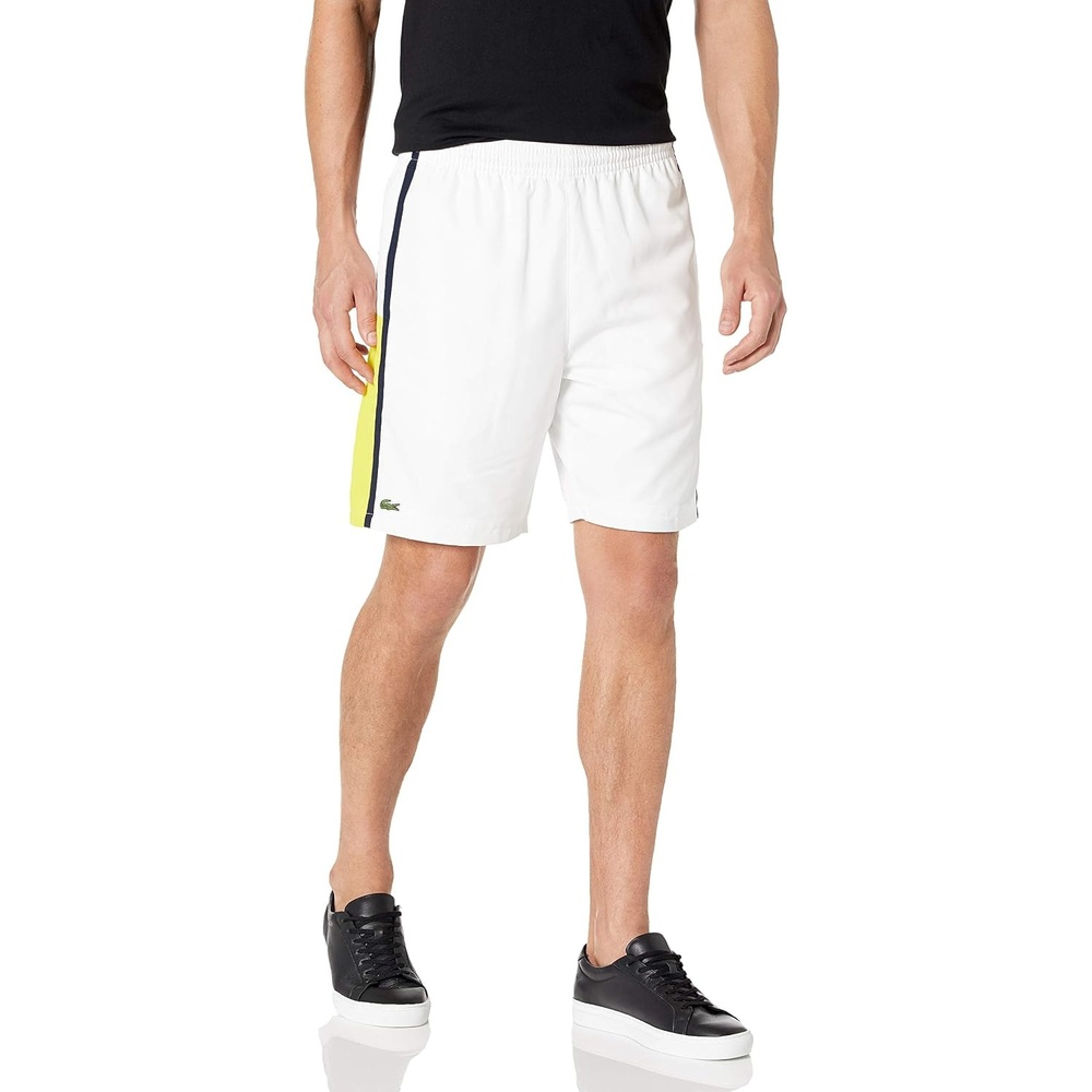 image:imageLacoste Mens Lightweight Colorblock Stripe Tennis ShortsWhitePineappleNavy Blue