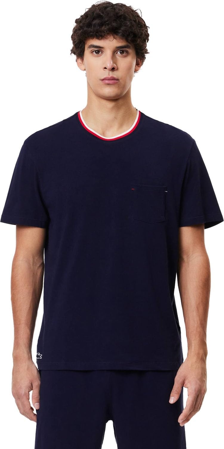 image:imageLacoste Mens Contrast Neck Relaxed Fit Pajama TShirt Amazon ExclusivesNavy Blue