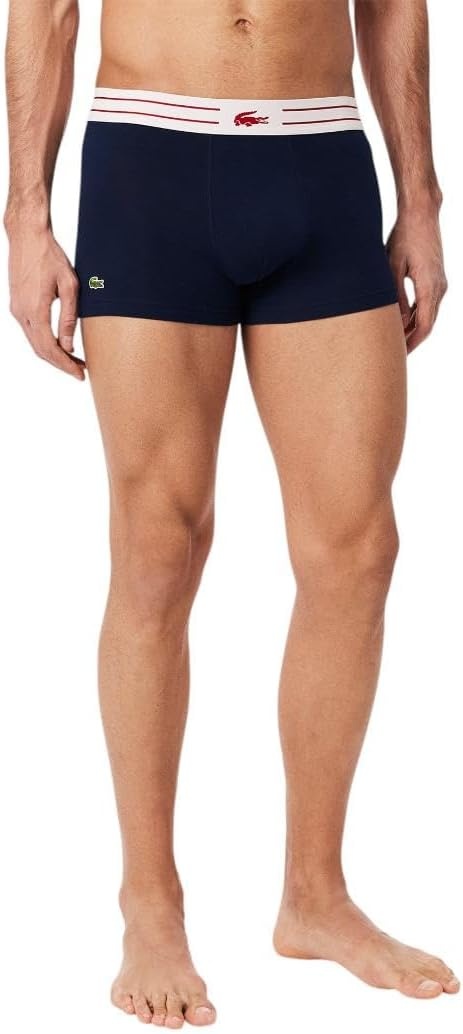 image:imageLacoste Mens Cotton Stretch Lacoste Diagonal Print Trunks 3packNavy BlueDog RoseLadybird Red