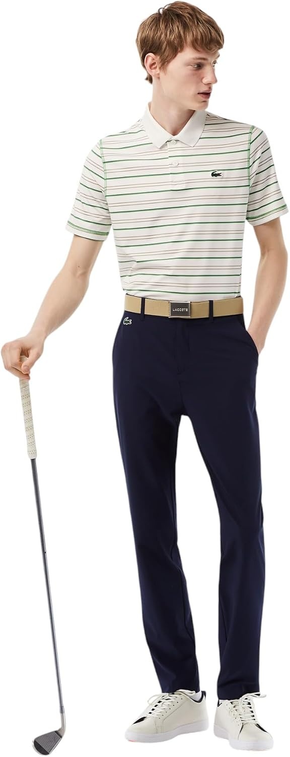 image:imageLacoste Mens Golf Recycled Polyester Stripe Polo ShirtFlourBrownNavy Blue