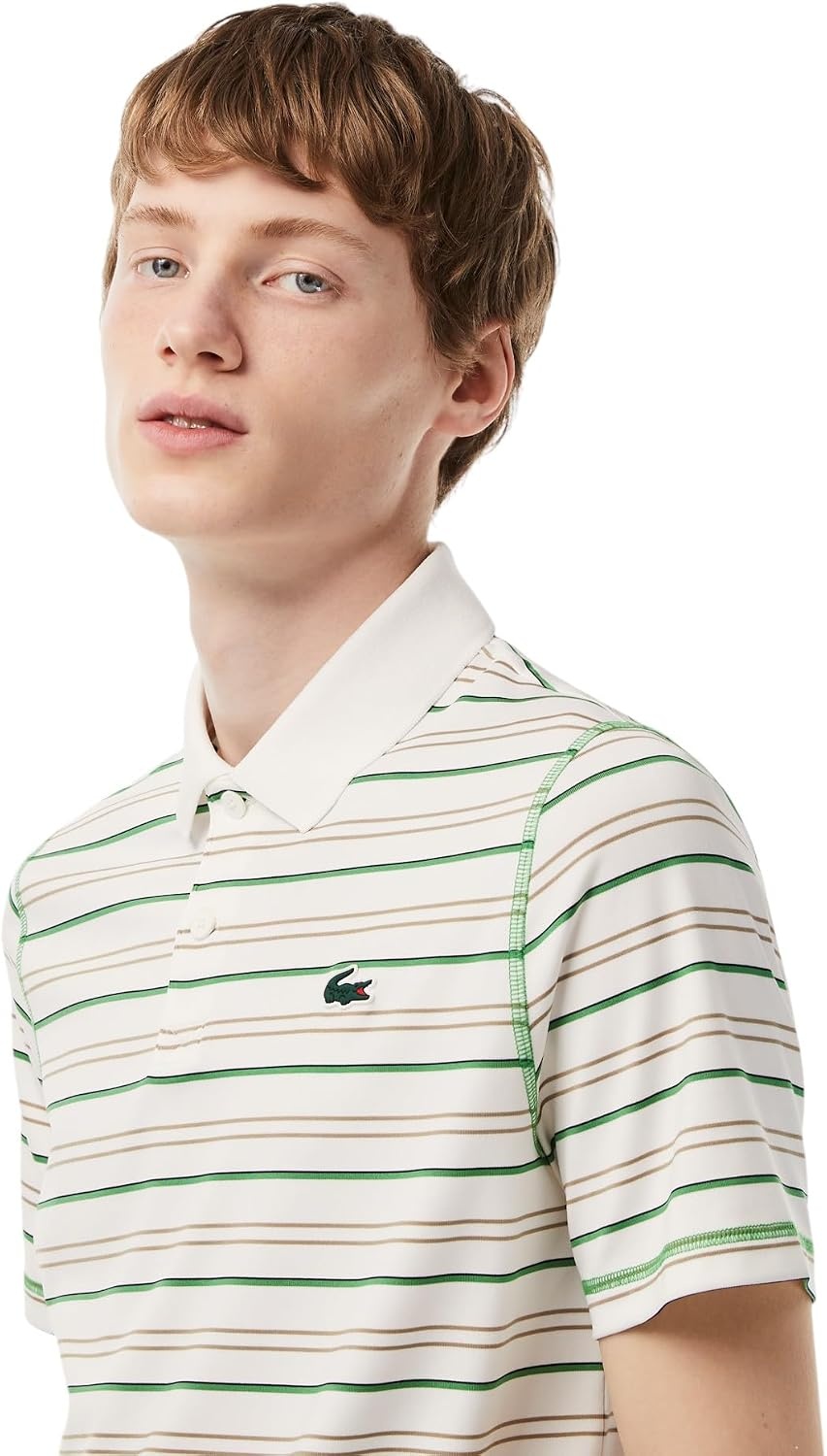 image:imageLacoste Mens Golf Recycled Polyester Stripe Polo ShirtFlourBrownNavy Blue