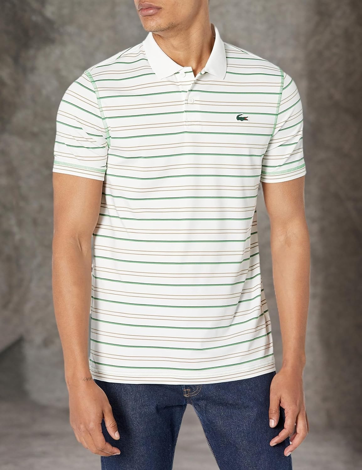 image:imageLacoste Mens Golf Recycled Polyester Stripe Polo ShirtFlourBrownNavy Blue