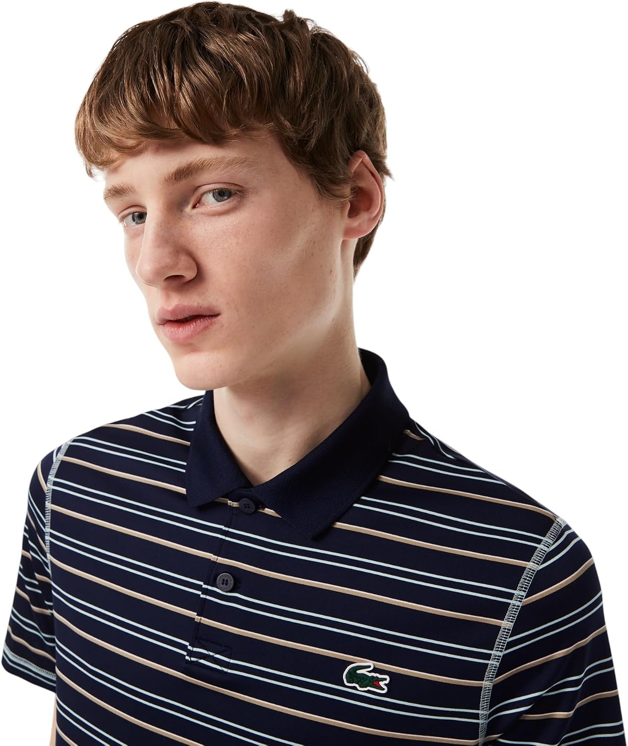 image:imageLacoste Mens Golf Recycled Polyester Stripe Polo ShirtNavy BluePastille MintF