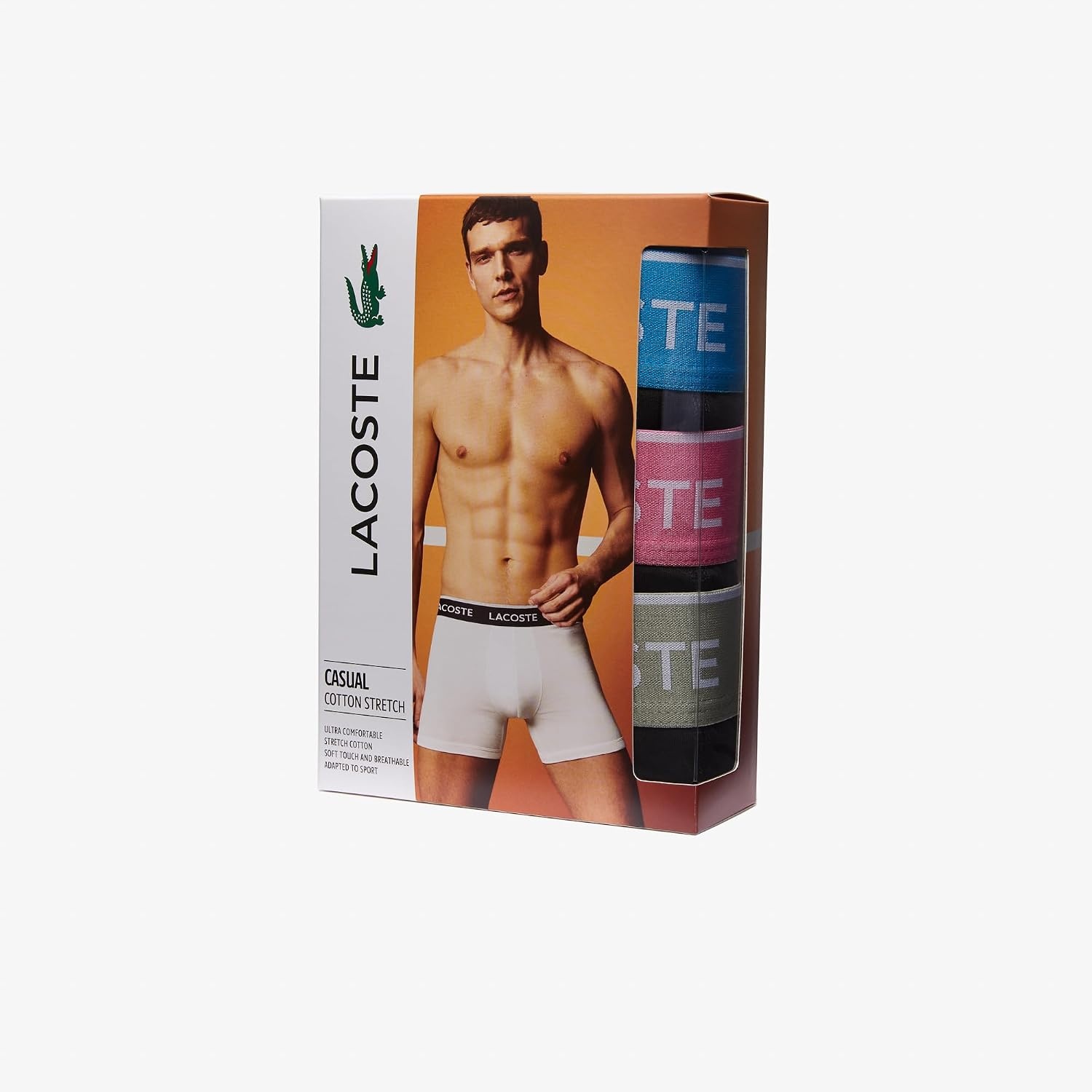 image:imageLacoste Mens Long Stretch Cotton Jersey Boxer Brief 3packBlack With Azure BlueSage GreyPink Waistbands