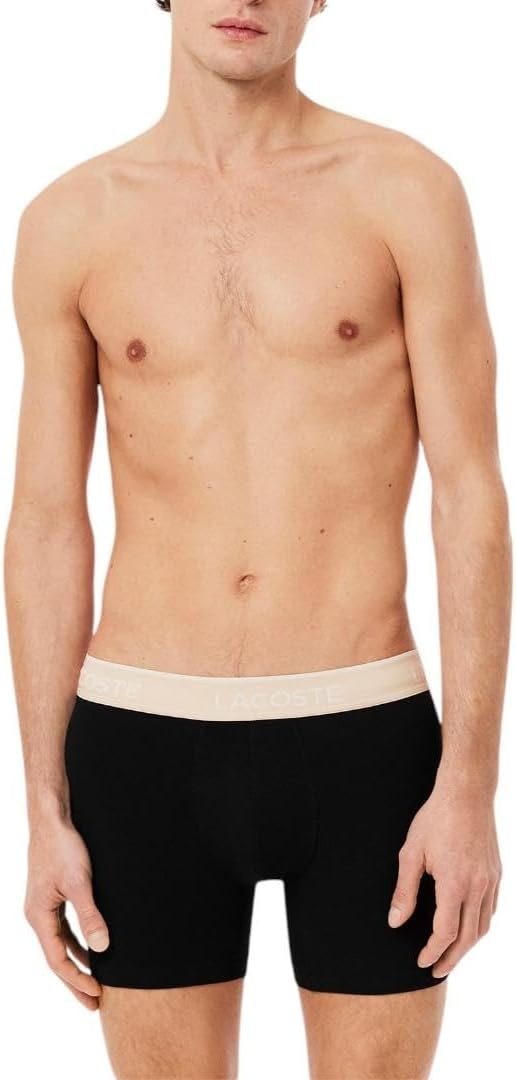 image:imageLacoste Mens Long Stretch Cotton Jersey Boxer Brief 3packBlack With BiscuitBaguetteBeige Waistbands