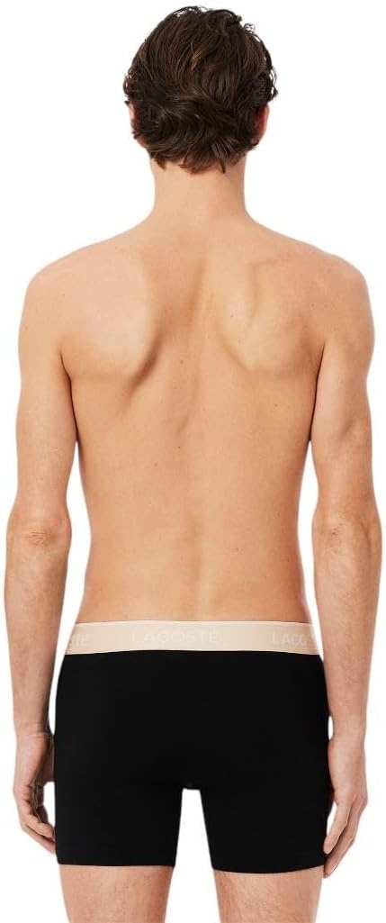 image:imageLacoste Mens Long Stretch Cotton Jersey Boxer Brief 3packBlack With BiscuitBaguetteBeige Waistbands