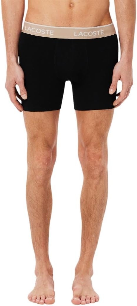 image:imageLacoste Mens Long Stretch Cotton Jersey Boxer Brief 3packBlack With BiscuitBaguetteBeige Waistbands