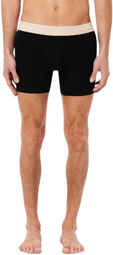 image:imageLacoste Mens Long Stretch Cotton Jersey Boxer Brief 3packBlack With BiscuitBaguetteBeige Waistbands