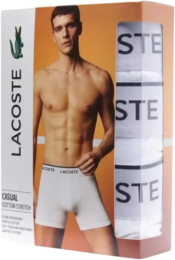 image:imageLacoste Mens Long Stretch Cotton Jersey Boxer Brief 3packWhite With White Waistband