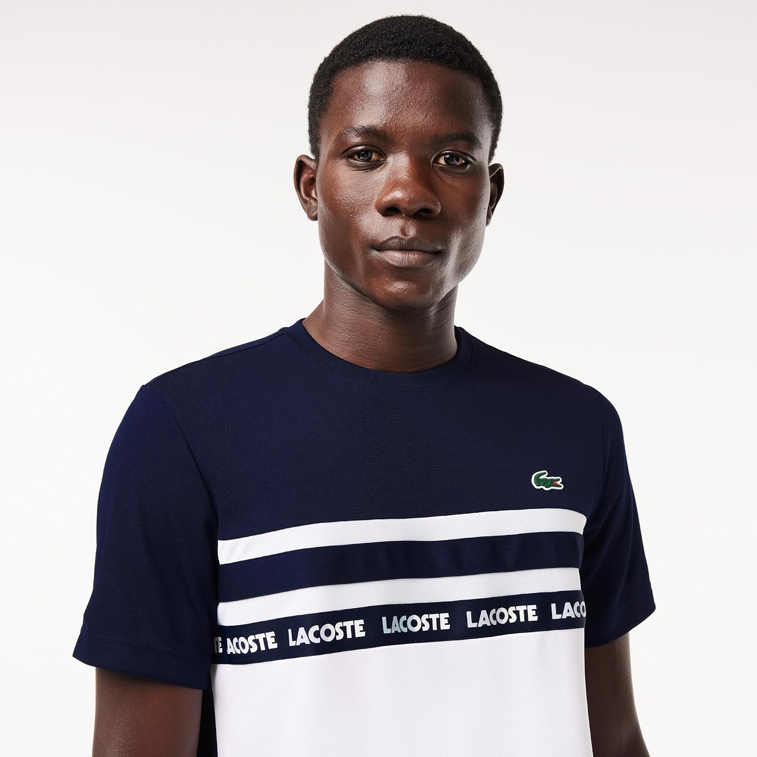 image:imageLacoste Mens Ultra Dry Piqu Tennis TShirtWhiteNavy Blue