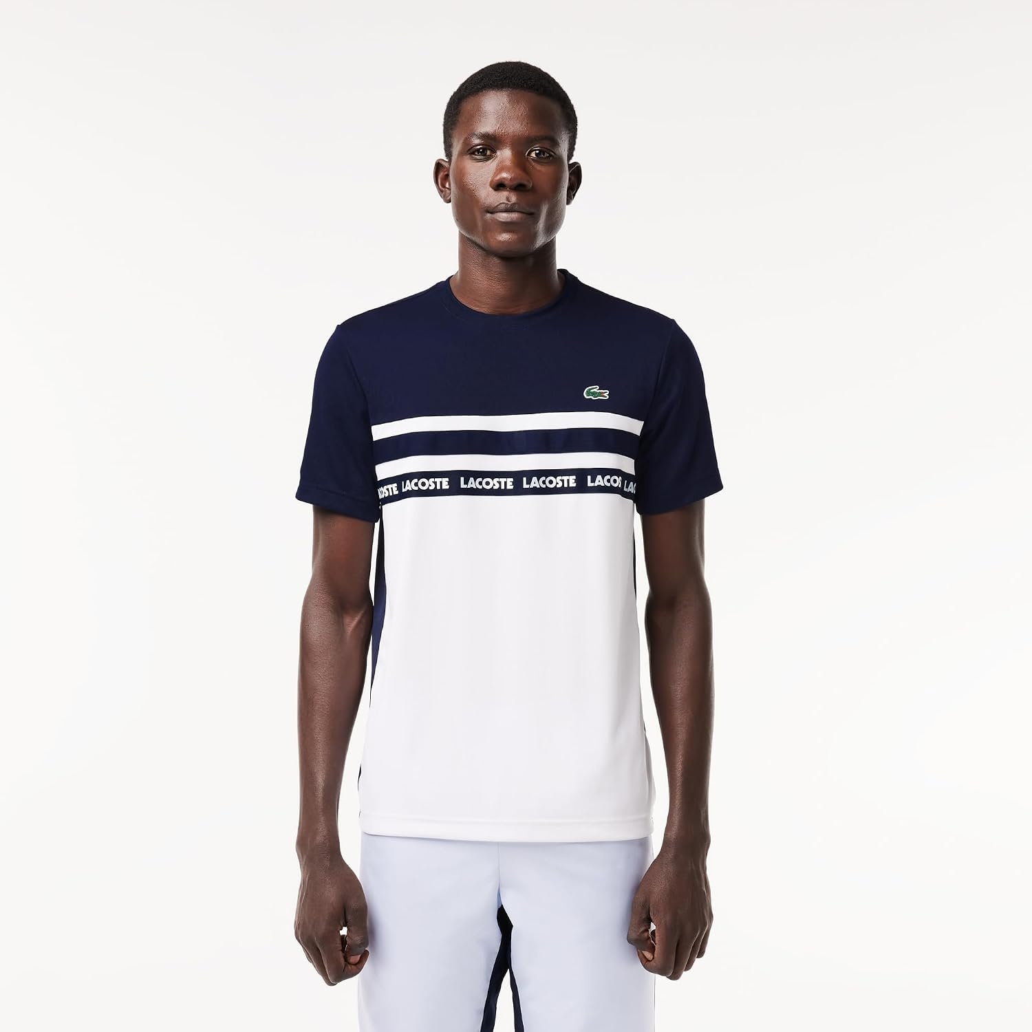 image:imageLacoste Mens Ultra Dry Piqu Tennis TShirtWhiteNavy Blue