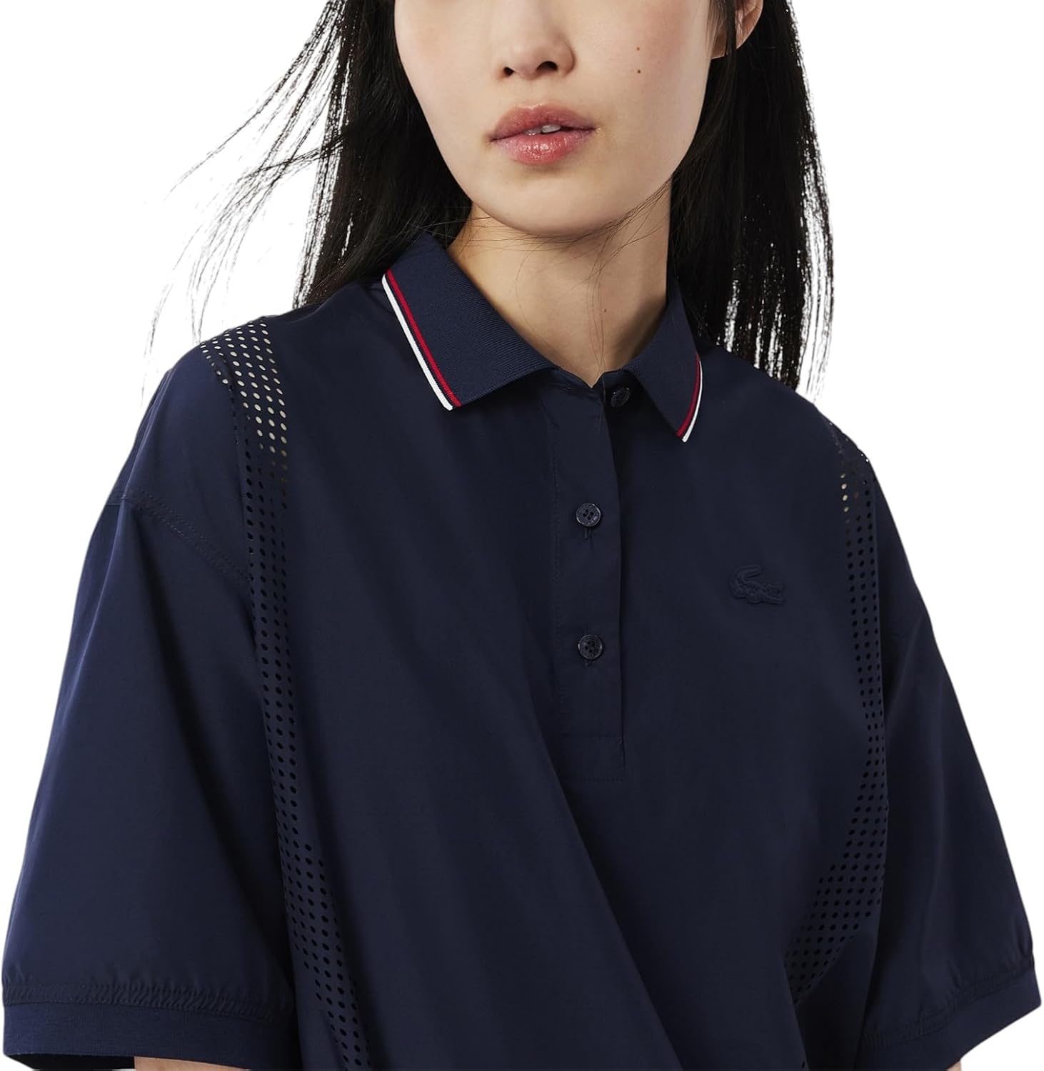 image:imageLacoste Womens Oversized Technical Fabric Polo ShirtNavy Blue