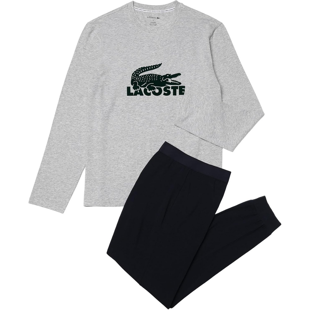 image:imageLacoste Mens Branding Crew Neck Sweatshirt Pajama SetNavy BlueDove GreyDark Forest