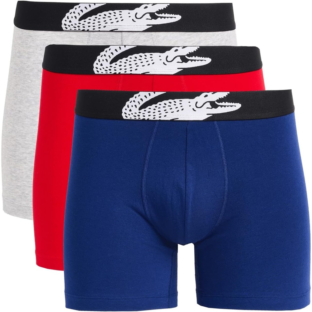 image:imageLacoste Mens Cotton Stretch Big Croc Print Boxer Briefs 3pack Amazon ExclusivesMethyleneSilver ChineRed