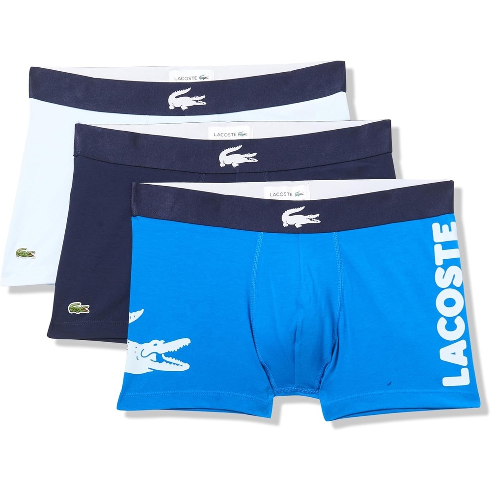 image:imageLacoste Mens Cotton Stretch Big Croc Print Trunks 3packGypsy BlueLight BlueNavy Blue
