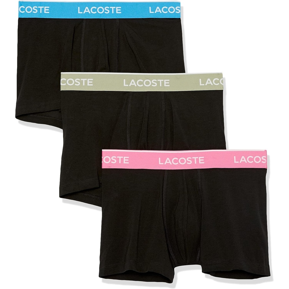image:imageLacoste Mens Cotton Stretch Essentials Trunks 3packBlack With Azure BlueSage GreyPink Waistbands