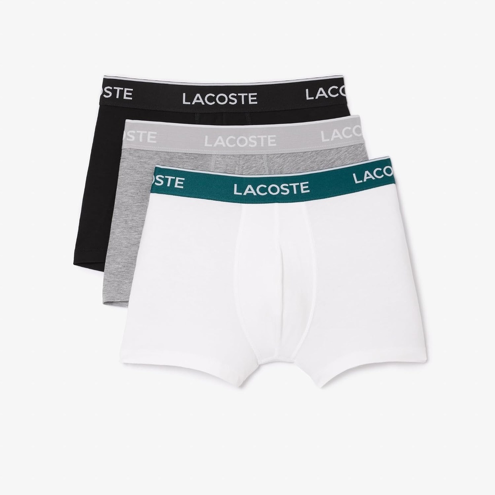 image:imageLacoste Mens Cotton Stretch Essentials Trunks 3packBlackWhiteGrey With Multicolor Waistband