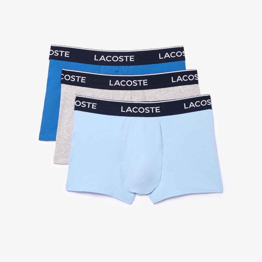 image:imageLacoste Mens Cotton Stretch Essentials Trunks 3packLight BlueBright BlueGrey